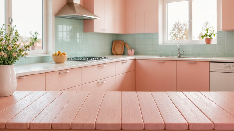 A kitchen with pastel pinks and mint green as the colors, with a focus on the pink countertop