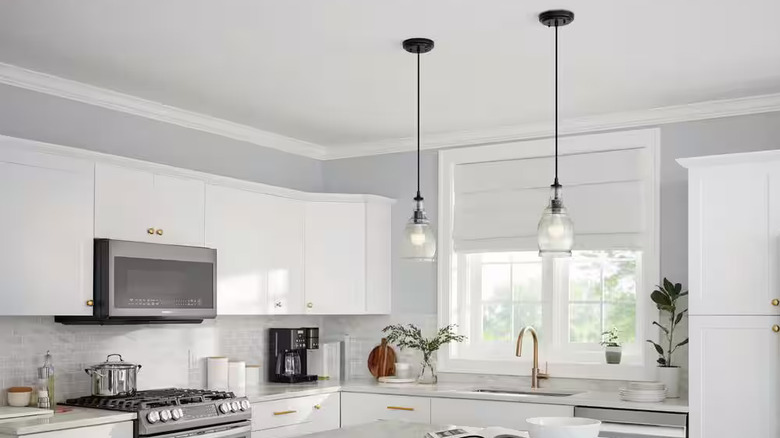 Pendant lights in a kitchen with EcoSmart light bulbs