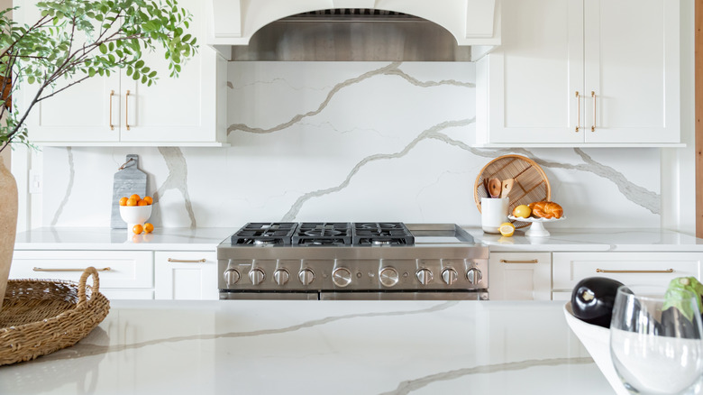 A luxury kitchen with natural stone counters