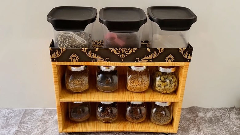 Faux wood countertop spice rack made from shoe box and cardboard