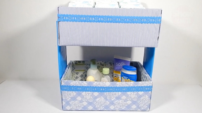 Two-tier diaper caddy made of shoe boxes