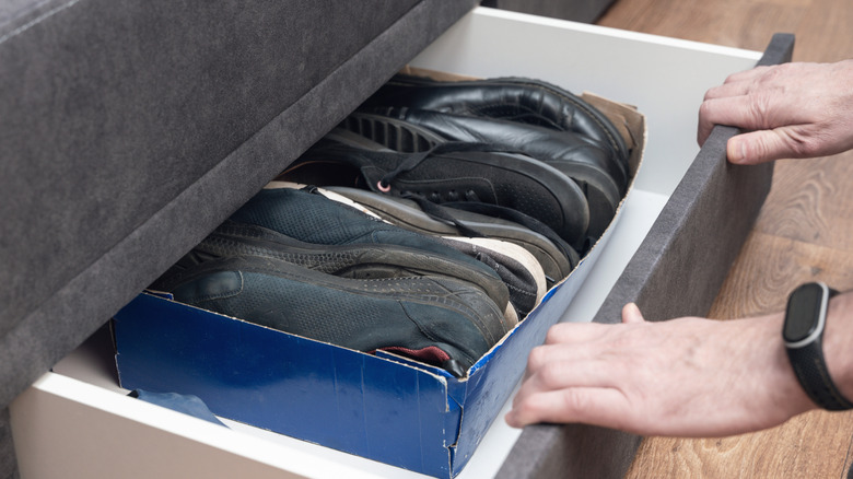 Shoe box in drawer used to organize pairs of shoes