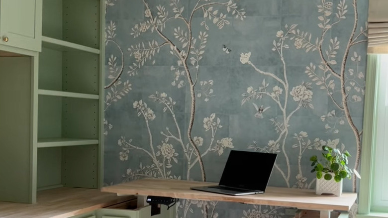 kitchen desk by blue wallpaper