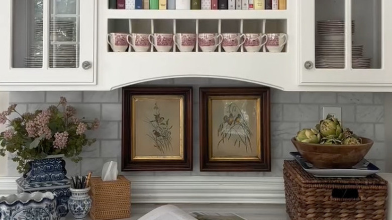 kitchen desk with shelving above