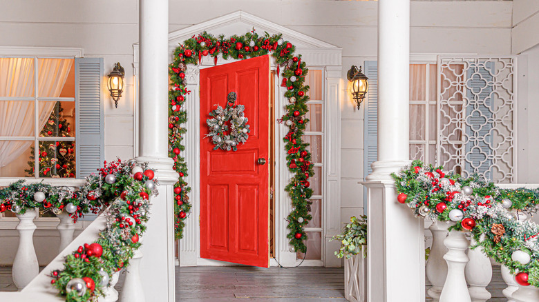 Christmas decor around front door