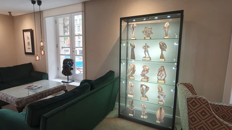 bright trophy display case with awards in a living room