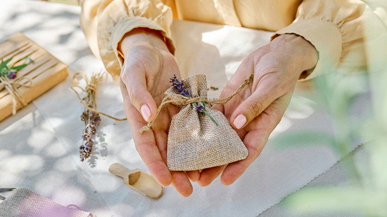 someone holding a clothing sachet with lavender with two hands