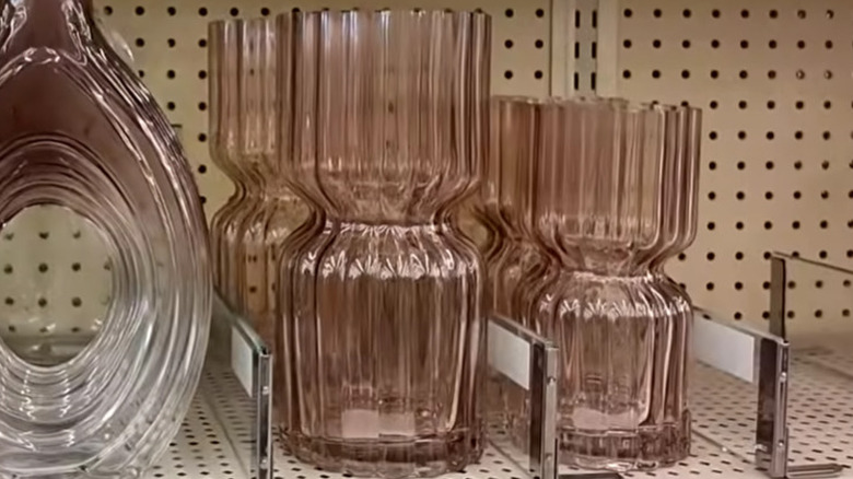 Pink stacked cylinder glass vase in two sized on a shelf in Hobby Lobby