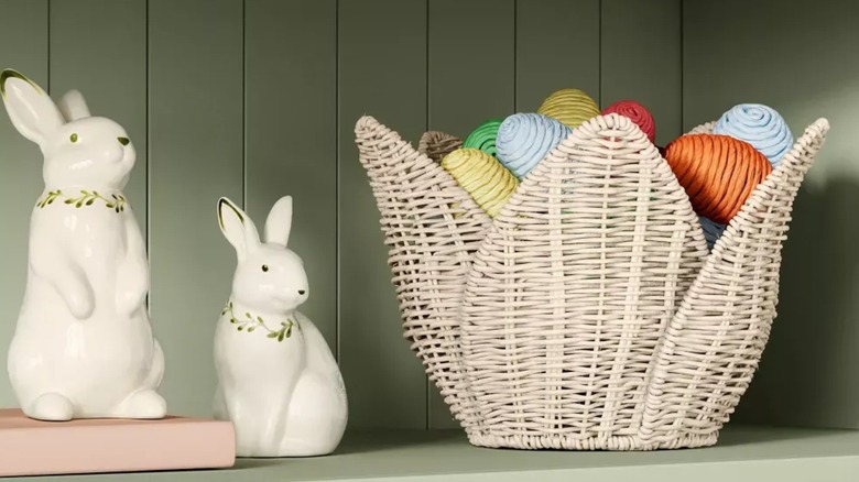 ivory rattan tulip basket styled with rattan easter eggs