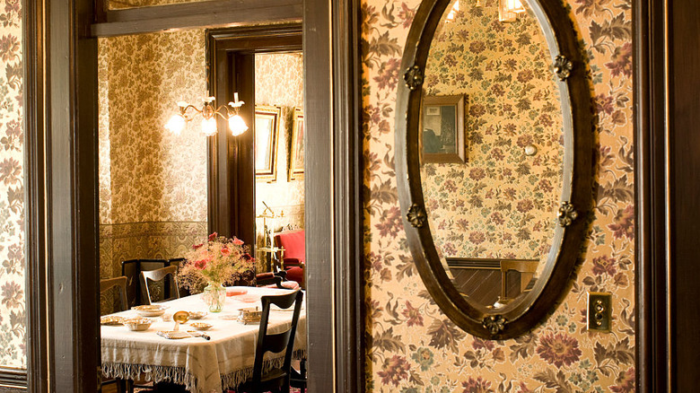 Interior view of a home wallpapered throughout