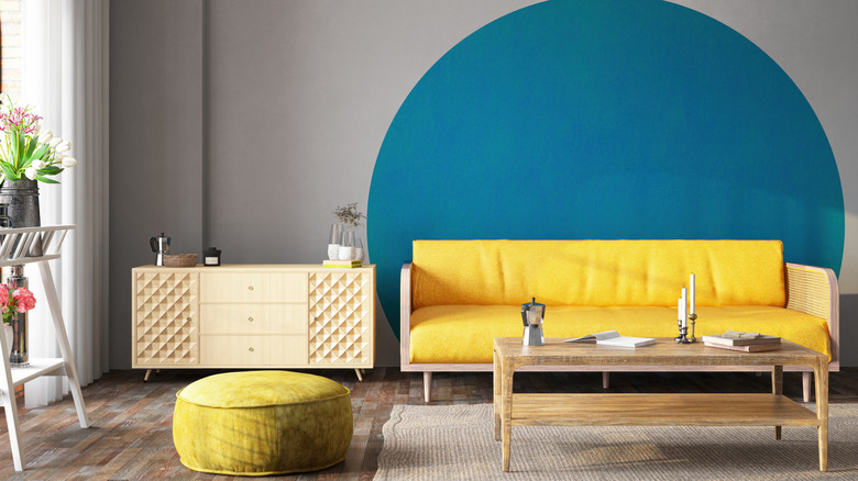 Living room with pops of yellow and blue