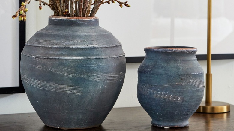 Closeup of navy-colored handmade planters