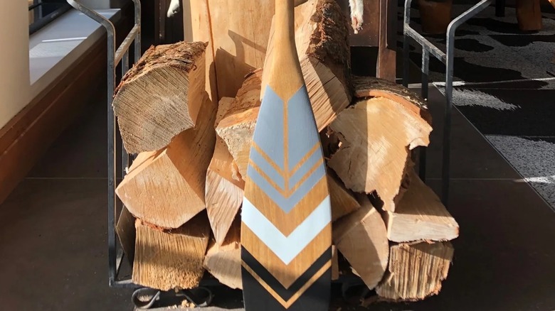 Closeup of handpainted wooden paddle