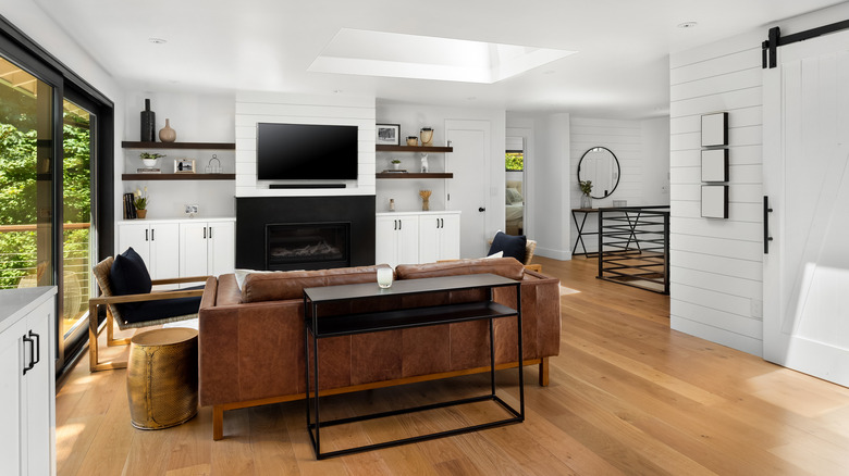 living room, shiplap walls, fireplace