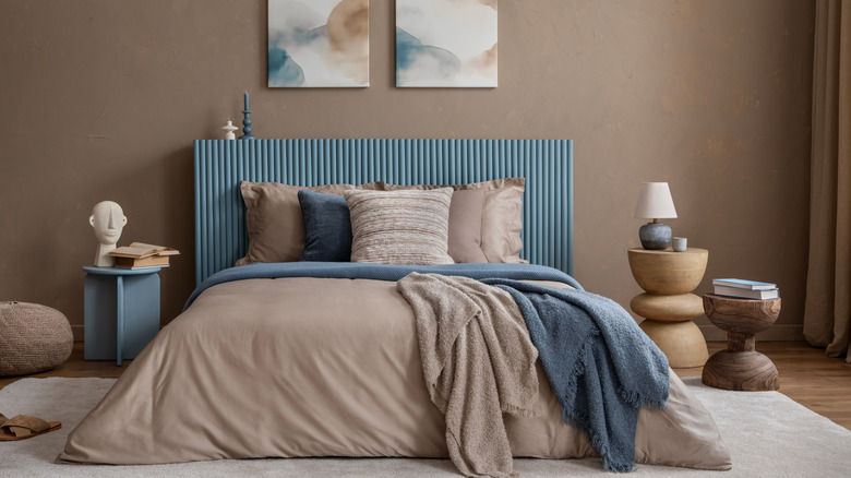 Blue and beige bedroom with high-quality linens