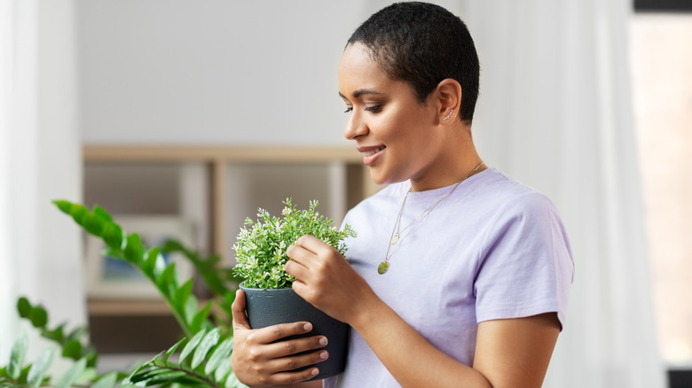 woman tending houseplants
