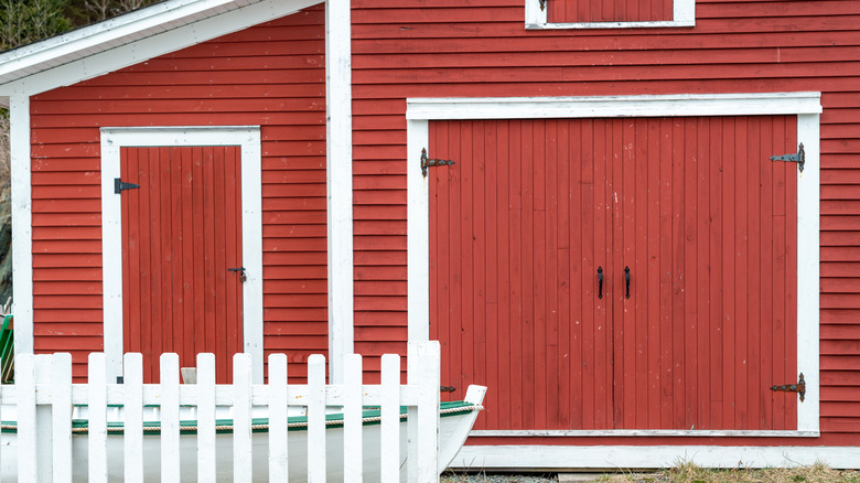 Red and white farmhouse garage