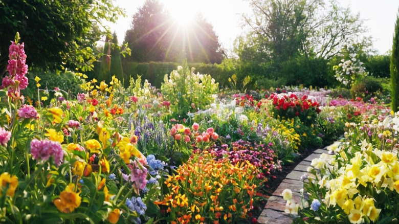 A vibrant garden with flowers in bloom