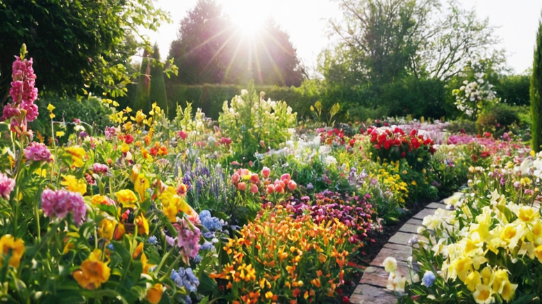 A vibrant garden with flowers in bloom