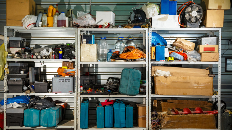 A garage with tools stored on shelves