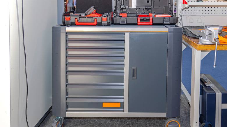 A rolling tool cart in a workshop