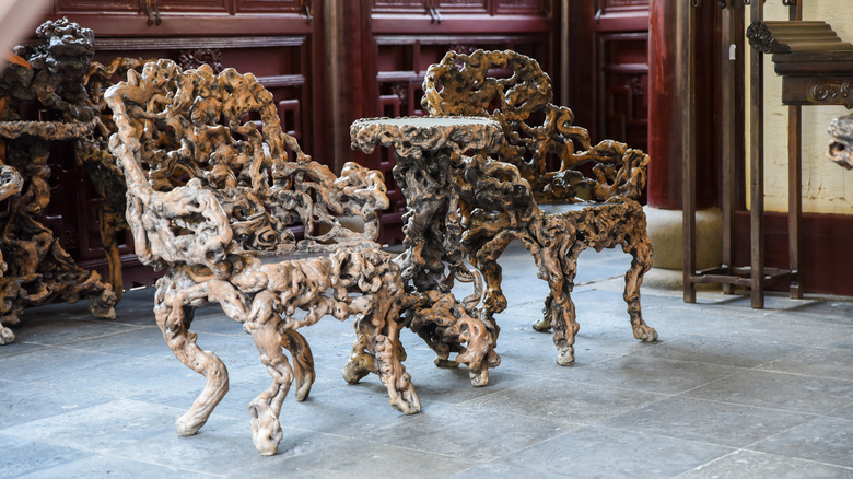 A set of sculptural chairs.