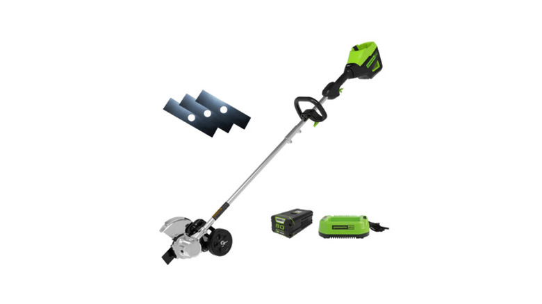 Greenworks' 80V Garden Edger kit, including battery, blades, and charger, shown on a white background