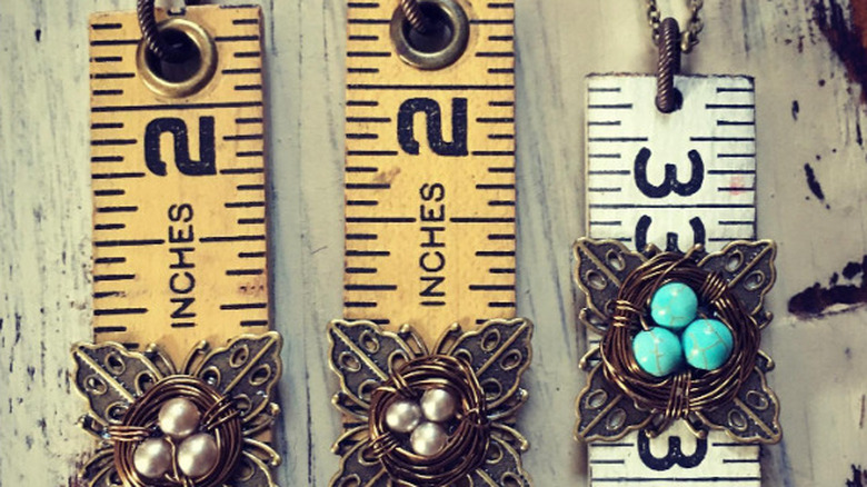 Unique upcycled necklaces created from pieces of vintage wooden rulers