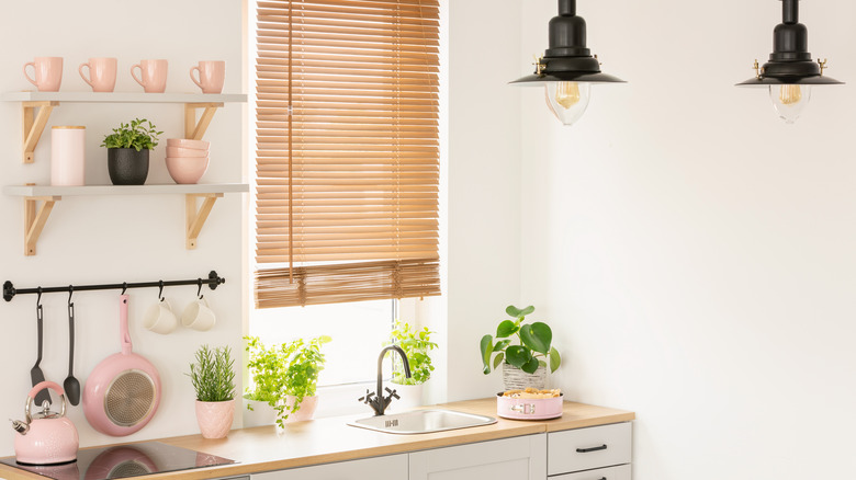 wooden blinds in kitchen window