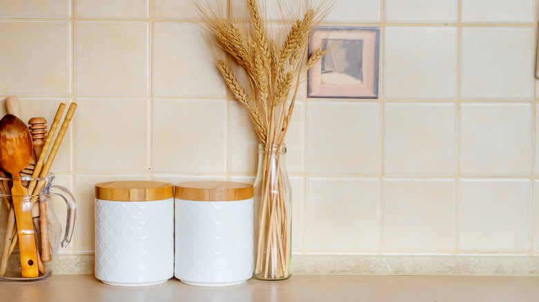 wooden jar lids on counters