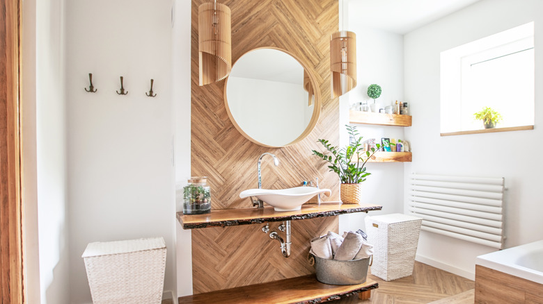 White bathroom wood accent wall