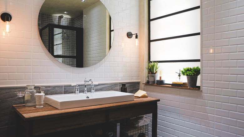Industrial bathroom wood countertop
