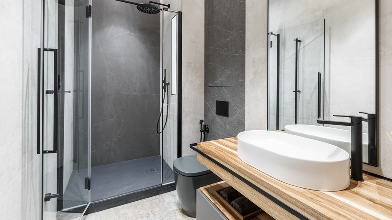 Minimalist bathroom wood counter