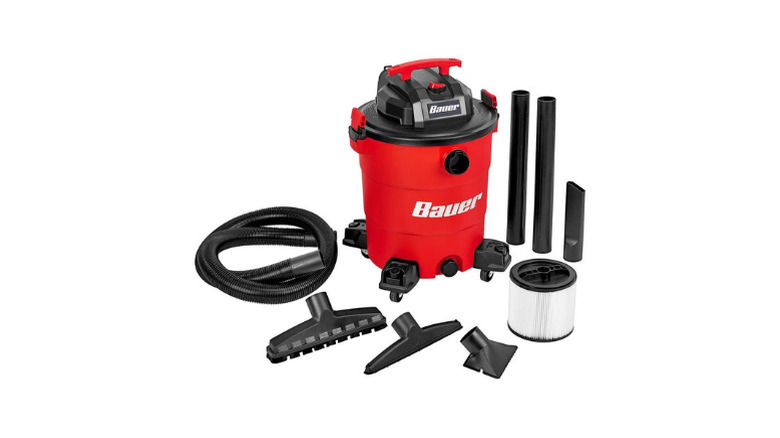 Bauer's heavy-duty wet/dry vacuum surrounded by accessories