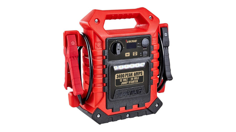 A red and black vehicle battery jump-starting pack