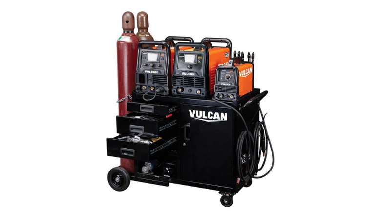 Vulcan's heavy-duty welding cabinet with welding equipment stored on and around it