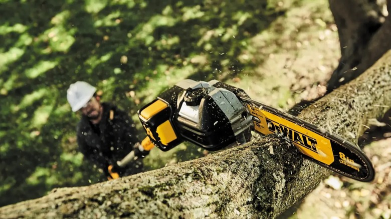 Man using DeWalt XR 20V Max Cordless Pole Saw on high branch