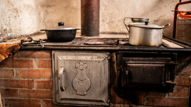 An old farmhouse kitchen with a wood-burning stove