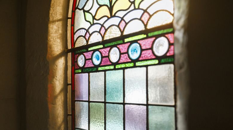 A stained glass window in a chapel