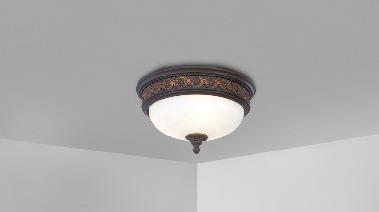 Closeup of a dome-shaped light fixture on the ceiling