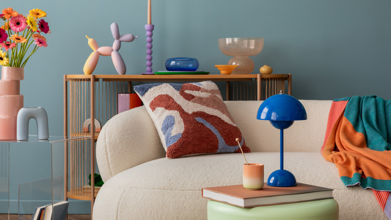 Closeup of a colorful living room with a modern sofa