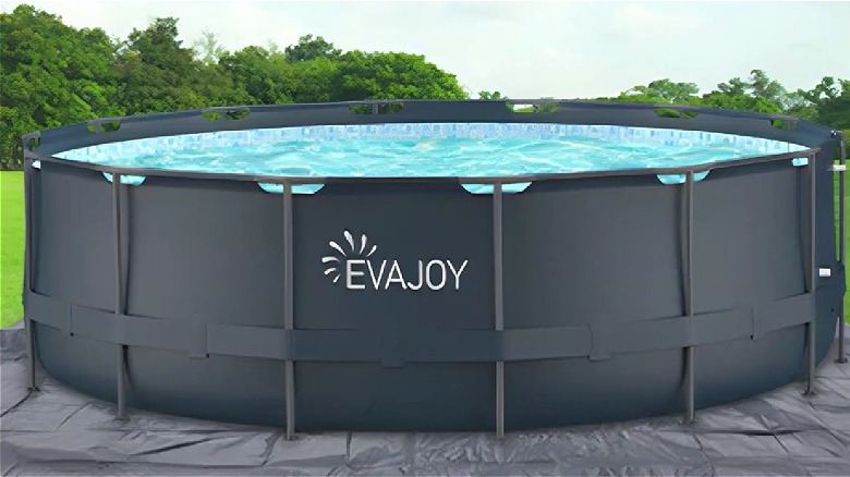 EvaJoy above-ground pool with black walls and strap belt around legs.