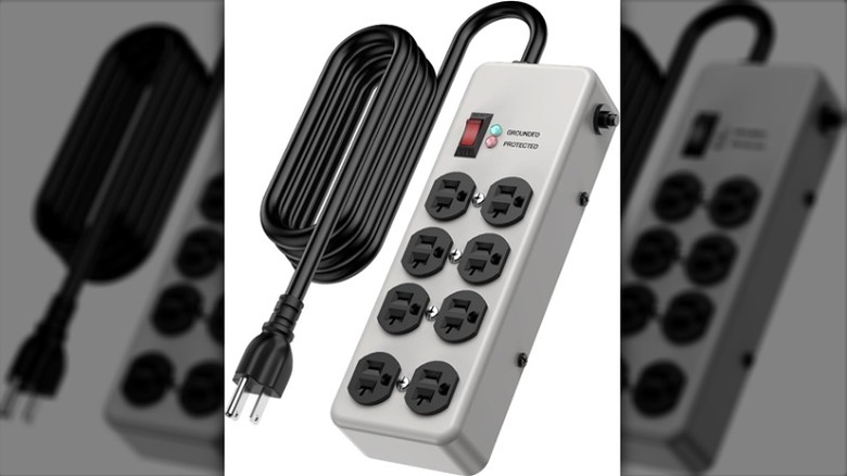 HEZI brand power strip with gray encasement and black cord