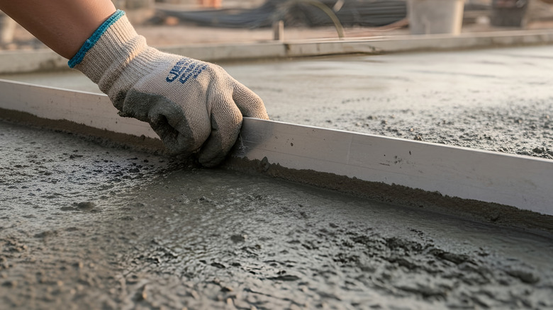 Close-up of a worker's hand leveling concrete