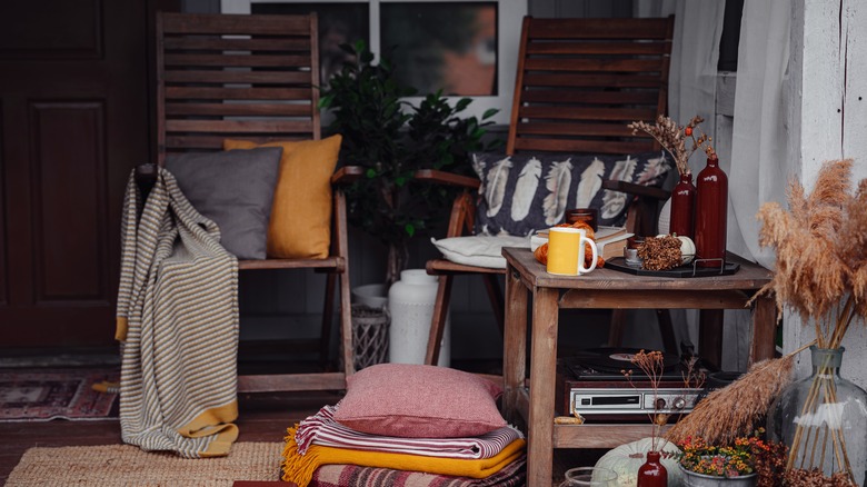record player and table on porch
