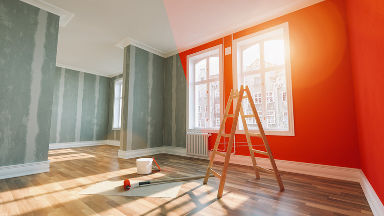 ladder set up in a painted room