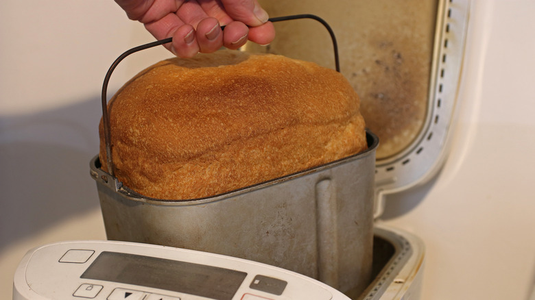 A person pulling a loaf of bread out of a bread maker