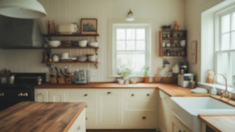 A kitchen with a farmhouse sink.