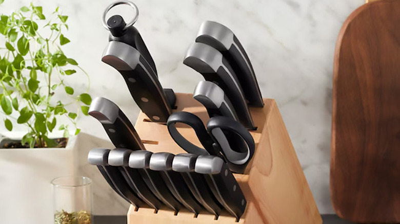Knife set in block on countertop