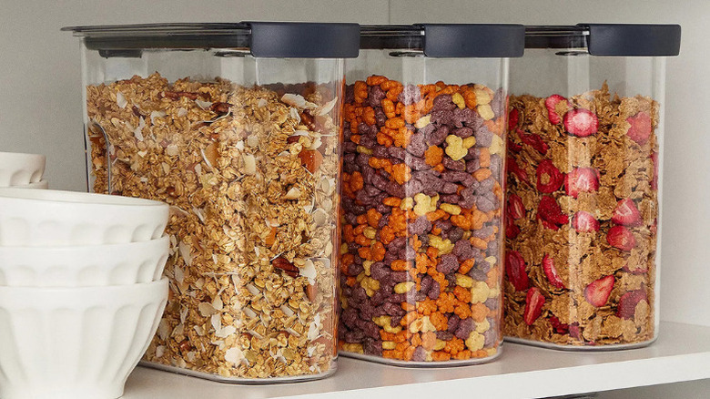A row of Rubbermaid 18-cup Cereal Keepers lined up on a shelf